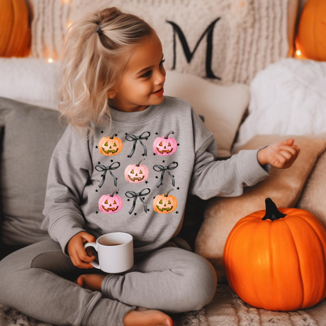 Coquette Bow and Pumpkin Fall Sweatshirt for Girls